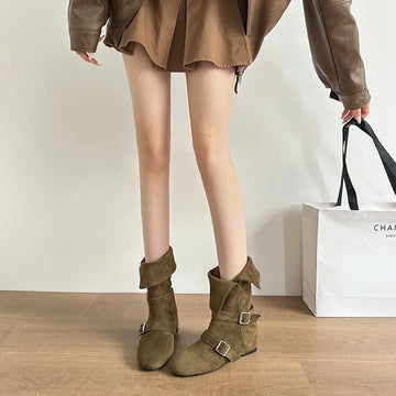 Xajzpa New Women's Vintage Suede Women Trouser Legs Boots Fashion Belt Buckle Slip on Shoes Autumn Winter Wedges Heel Ladies Long Boots